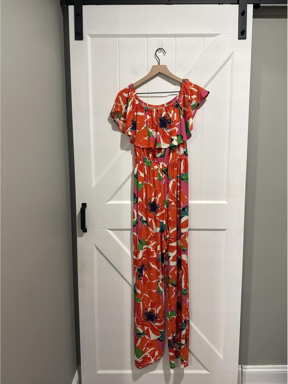 Trina Turk Feverish Floral Off-Shoulder Jumpsuit, Size M